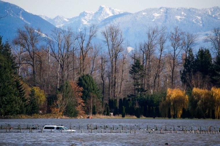 Image: A partially submerged car in floodwaters from the Skagit River that inundated farmland outside of Burlington, Wash., on Nov. 17, 2021.
