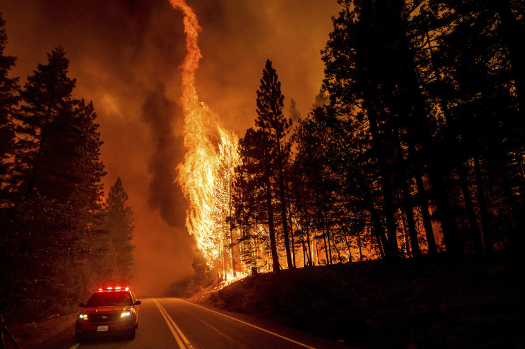 The Dixie Fire jumps Highway 89 in Plumas County, Calif. in, August.