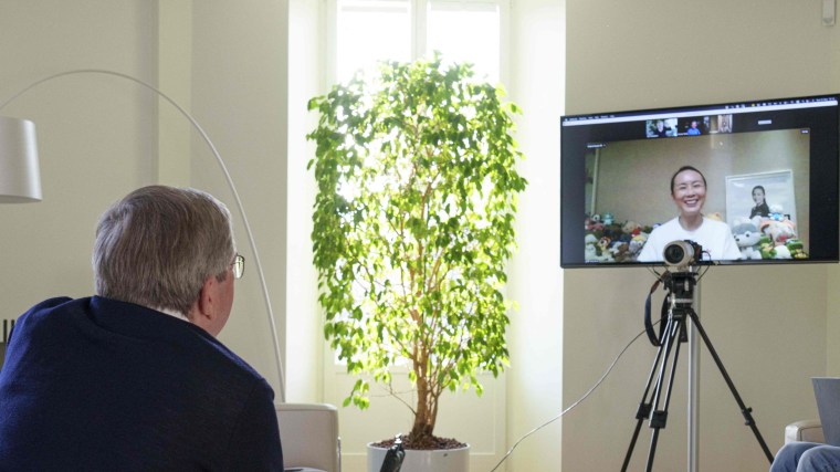 International Olympic Committee President Thomas Bach talks with with Chinese tennis star Peng Shuai on a video call.