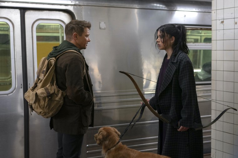 Jeremy Renner as "Clint Barton" and Hailee Steinfeld as "Kate Bishop" in Hawleye.