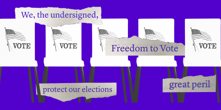 Photo Illustration: Excerpts from a statement from 150 political science scholars urging the passage of the Freedom to Vote Act