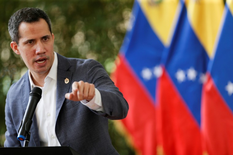 Venezuela's opposition leader Juan Guaido speaks on April 9, 2021, in Caracas.