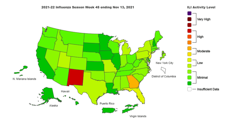 A CDC map shows influenza rates.