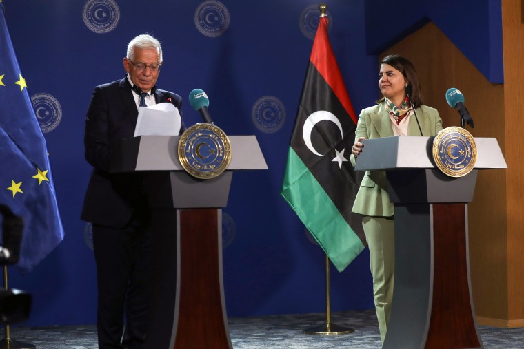 Josep Borrell, the E.U.’s ​​High Representative for Foreign Affairs and Security Policy, left, and Libyan Foreign Minister Najla al-Mangoush attend a press conference in Tripoli, Libya, on Sept. 8, 2021.