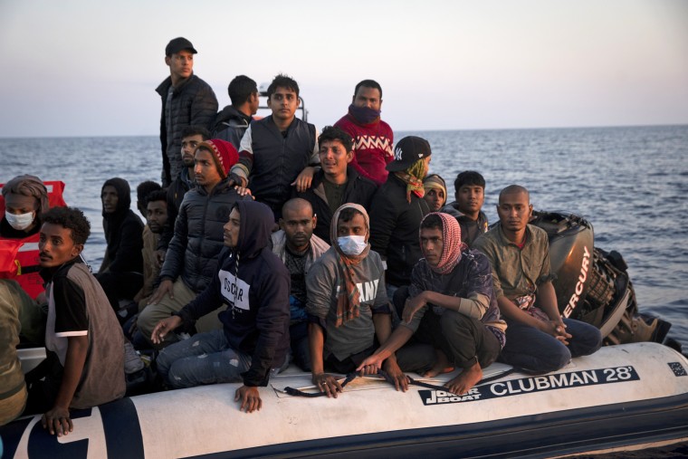Bangladeshi migrants making their way from Libya to Europe are rescued by the crew of the Geo Barents, a rescue vessel operated by Doctors Without Borders in the Central Mediterranean, on June 12, 2021.