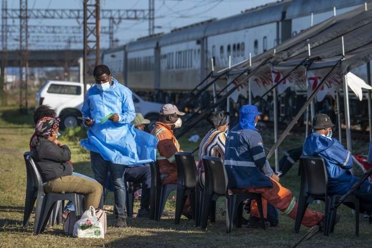 Siboniso Nene, head of the vaccination program, briefs people who came for Covid-19 vaccinations at the Swartkops railroad yard outside Gqeberha, South Africa, on Sept. 22, 2021.