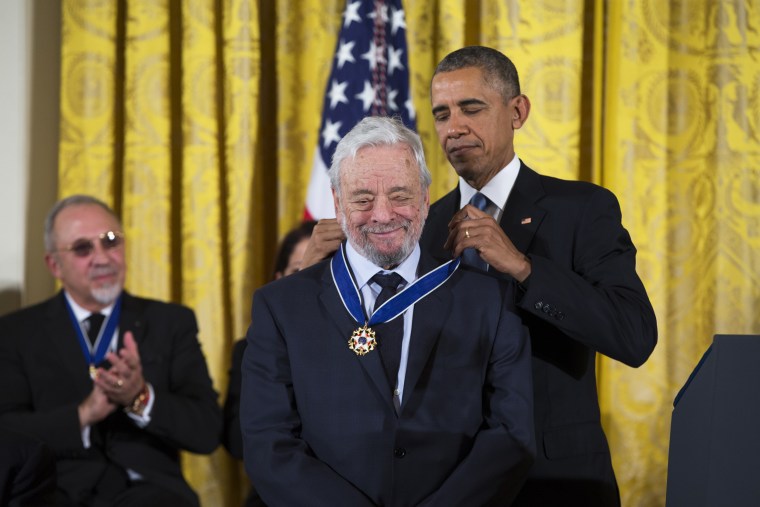 President Barack Obama presents the Presidential Medal of Freedom to composer Stephen Sondheim in the East Room of the White House on Nov. 24, 2015.