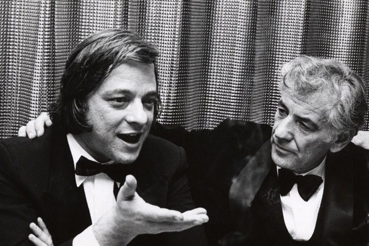 Stephen Sondheim and Leonard Bernstein attend "A Musical Tribute to Stephen Sondheim" at Shubert Theater in New York on March 11, 1973.