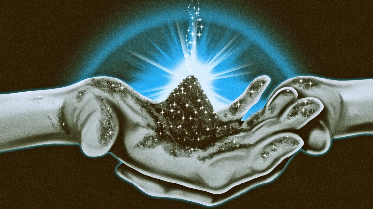 Illustration of hands holds sparkling dirt.
