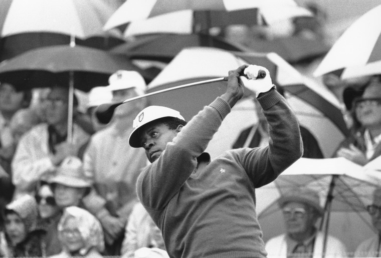 Image: Lee Elder tees off in the first round  at the Masters in Augusta, Ga., on April 10, 1975.