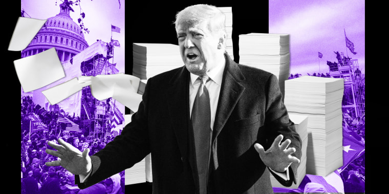 Photo Illustration: Trump in front of imagery of stacks of paper and the January 6th attack on the Capitol