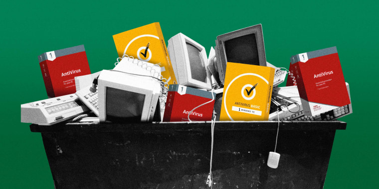 Photo illustration of a dumpster filled with computer hardware and anti-virus software boxes.