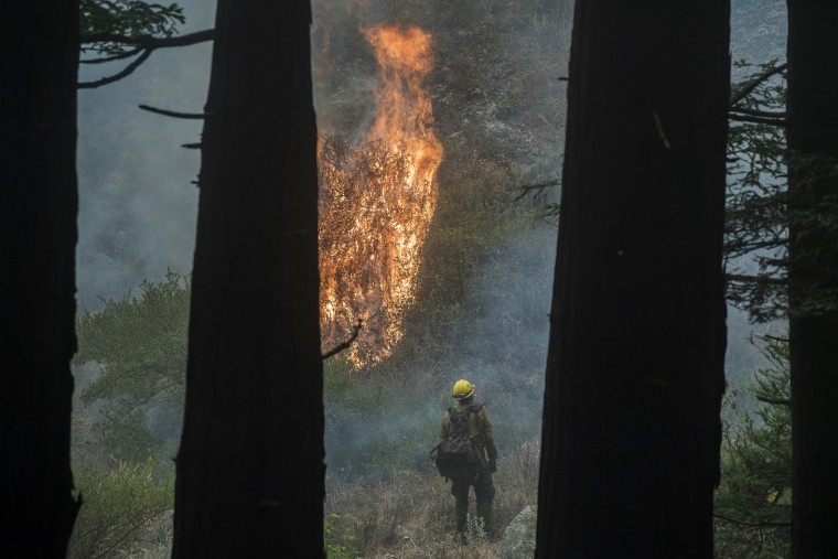 Image: Firefighters monitor a controlled fire to help slow the Dolan Fire in Big Sur, Calif., on Sept. 11, 2020.