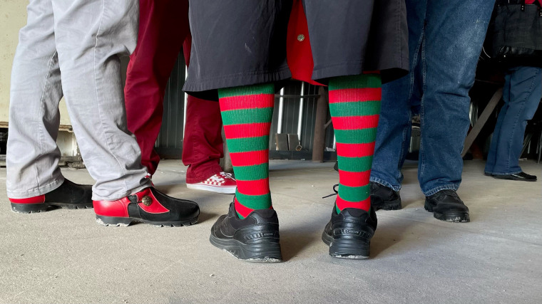 The socks of one of the 200 Santas attending the Charles W Howard Santa School in Midland, Mich.