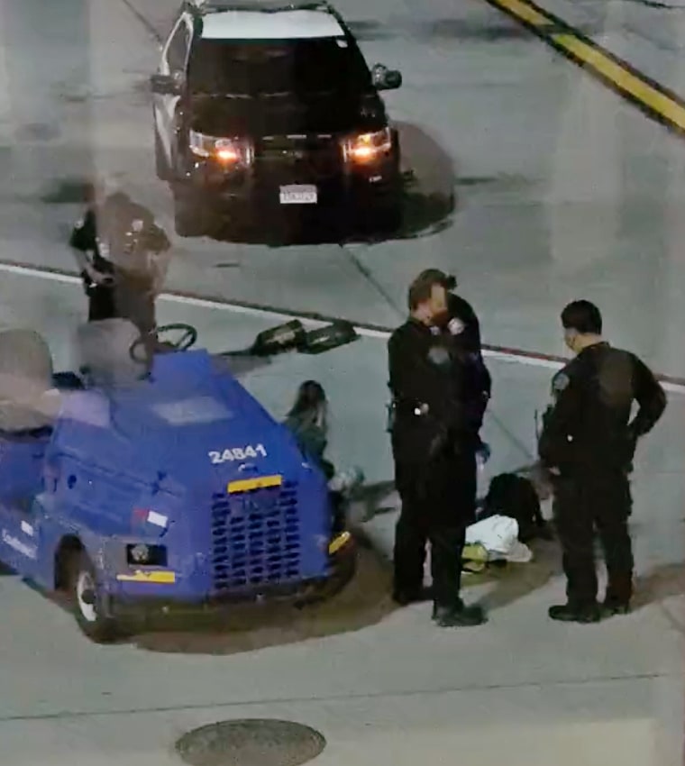 A woman who appears to have her hands cuffed behind her back sits on the tarmac after attempting to flag down a plane at Los Angeles International Airport.