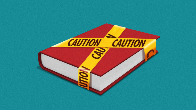 Ilustración de un libro de tapa dura color rojo con una cinta de precaución alrededor, en representación de intentos de censurar ciertas obras escritas.