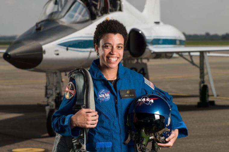 NASA astronaut Jessica Watkins in front of a T-38 trainer aircraft near NASA’s Johnson Space Center in 2017.