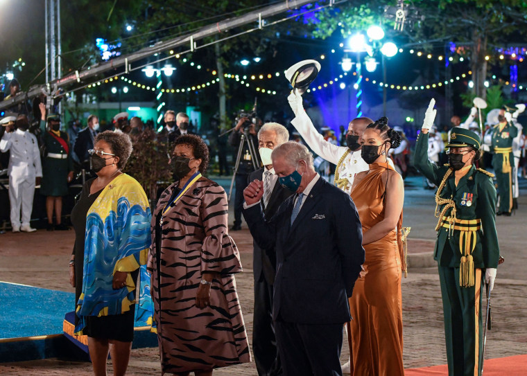 (From left) Prime Minister Mia Amor Mottley, President of Barbados Sandra Mason, National Hero Sir Garfield Sobers, Prince Charles and Rihanna look on during the Three Cheers to Barbados at the ceremony to declare Barbados a Republic.  