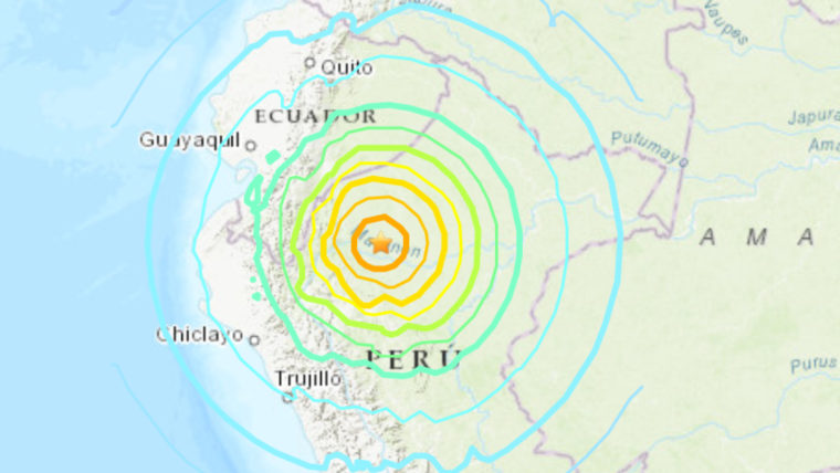 El epicentro del terremoto de magnitud 7.5 que sacudió el norte de Perú este domingo.