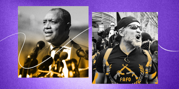 Photo illustration of DC Attorney General Karl Racine and a Proud Boys member.