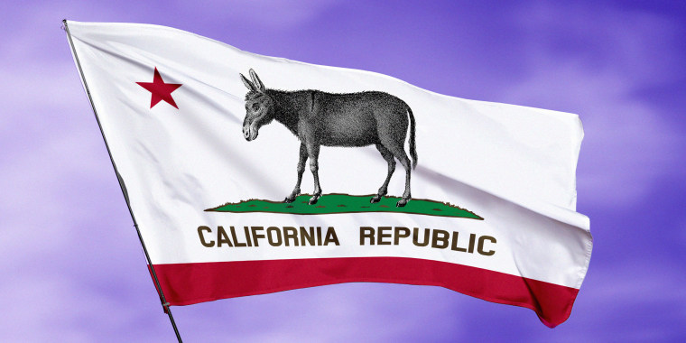 Photo Illustration: The California flag with the bear replaced by the Democratic donkey