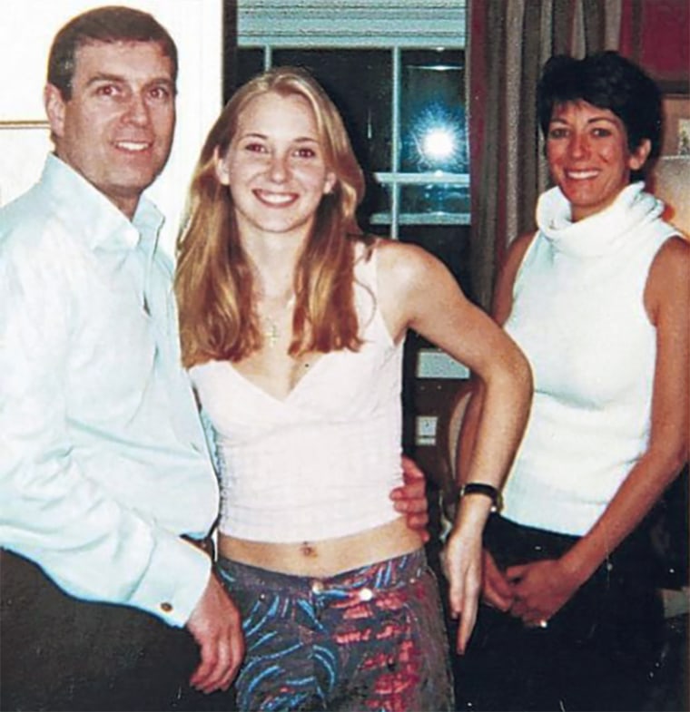 Prince Andrew says he had no recollection of this photo appearing to show Virginia Giuffre (then Roberts) with him and Ghislaine Maxwell at Maxwell's London home.