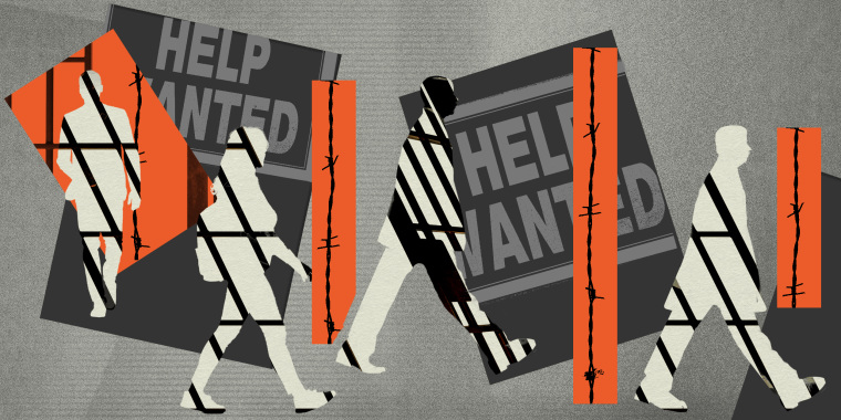 Photo illustration: Silhouettes of people walking into blocks that read,"Help Wanted". Strips of barbed wire stand vertically ahead of each of them.