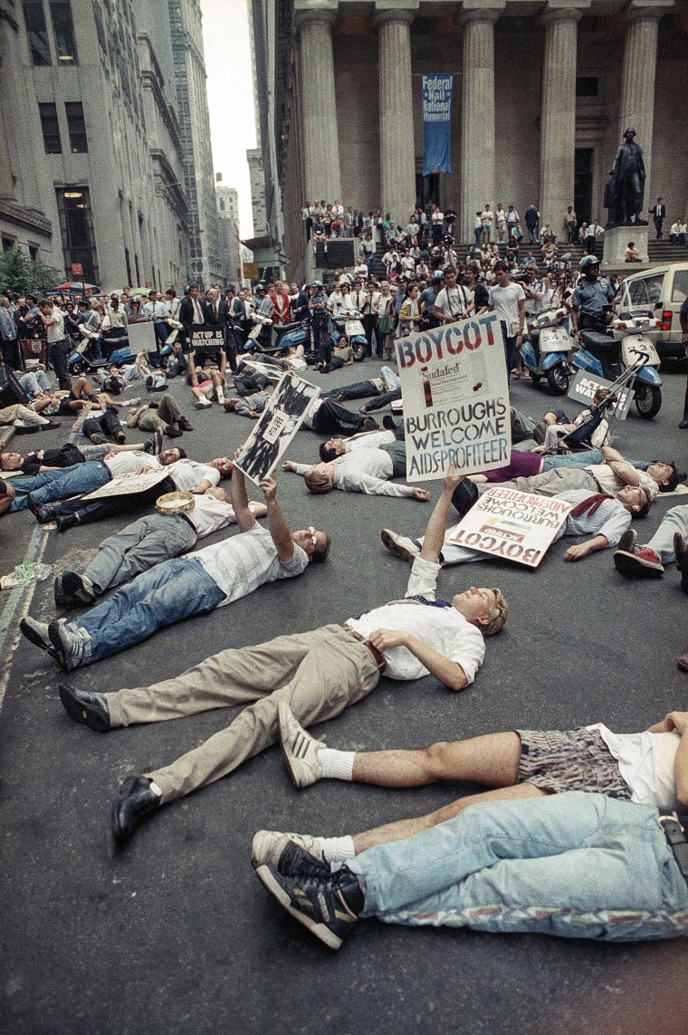 Protestors lie on the street in front of the New York Stock Exchange in a demonstration against the high cost of the AIDS treatment drug AZT, on Sept. 14, 1989.
