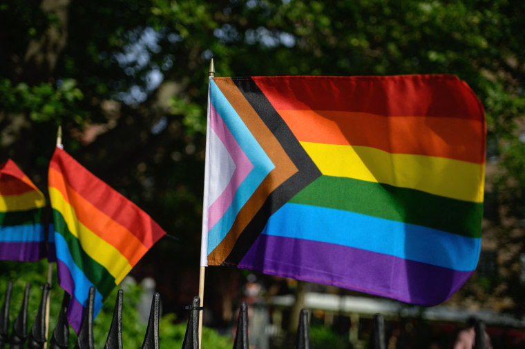 Image: A Progress Pride flag and rainbow flags at the Stonewall National Monument, in N.Y., on June 1, 2020.