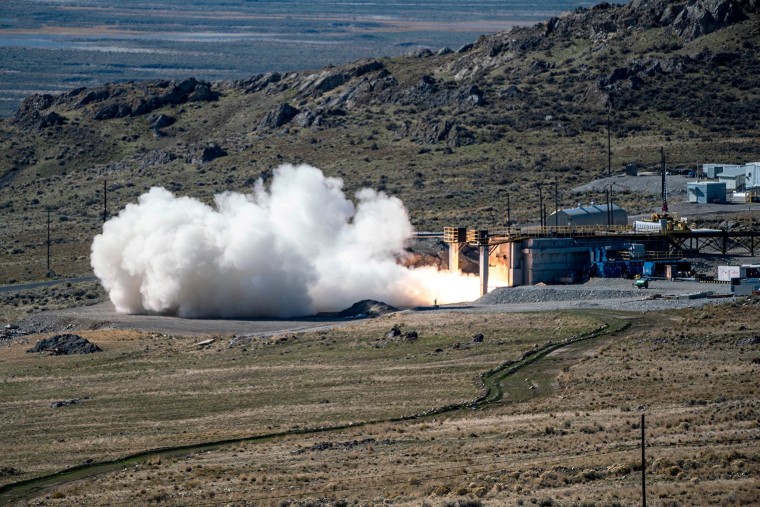 Image: FILE PHOTO: The US Navy, in collaboration with the US Army, conducts a static fire test of the first stage of the newly developed 34.5" common hypersonic missile that will be fielded by both services, in Utah