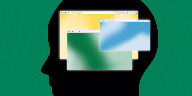 Illustration of internet browser windows becoming blurry inside a persons head.