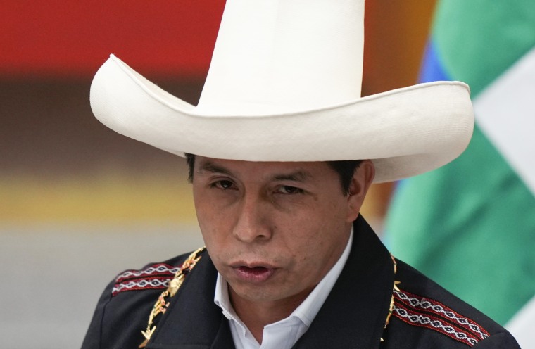 Peru's President Pedro Castillo speaks at a ceremony in La Paz, Bolivia, on Oct. 30, 2021.