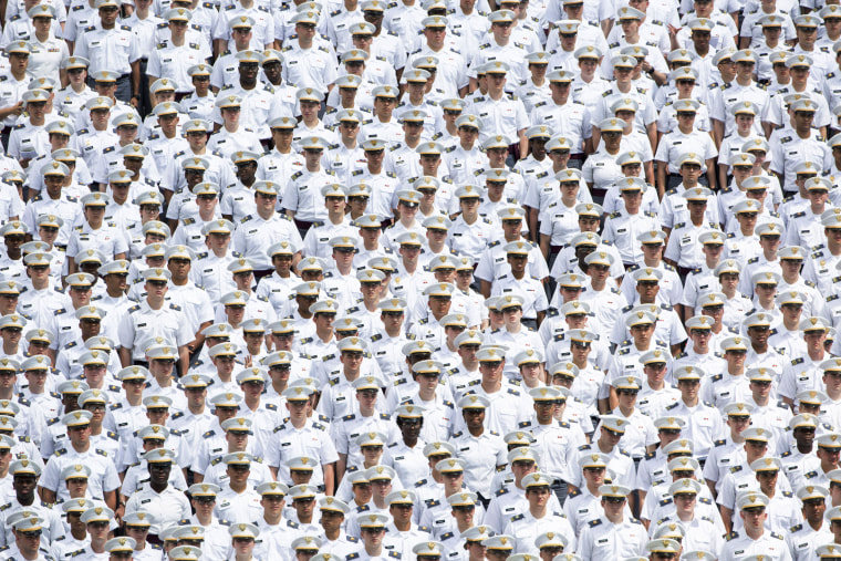 West Point cadets listen to Vice President Mike Pence speak during graduation ceremonies at the United States Military Academy on May 25, 2019, in West Point, N.Y.