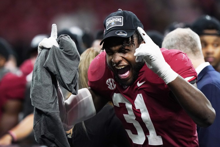 Alabama wide receiver Shatarius Williams celebrates the team's win after the Southeastern Conference championship NCAA college football game between Georgia and Alabama on Dec. 4, 2021, in Atlanta.