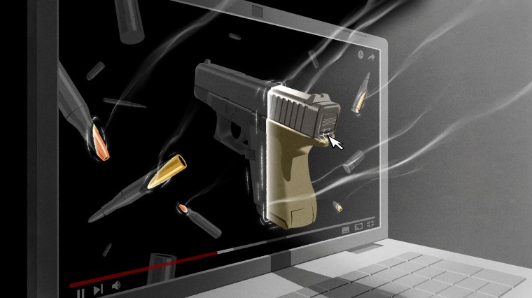 Illustration of a computer screen with a ghost prop gun and ammunition being pulled out by a mouse cursor.