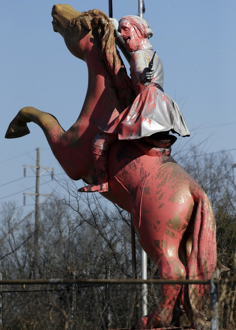A statue of Nathan Bedford Forrest, a Confederate Army general and the first grand wizard of the Ku Klux Klan, is splattered with pink paint in Nashville, Tenn., on Dec. 28, 2017.