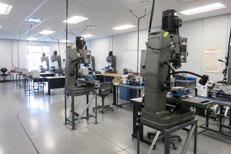 An advanced manufacturing classroom with extra equipment that Raritan Valley Community College bought with HEERF money to keep programs running socially distanced.