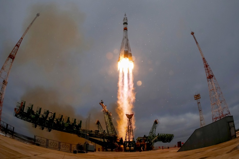 Image: The Soyuz MS-20 spacecraft carrying the International Space Station (ISS) crew blasts off at the Baikonur Cosmodrome