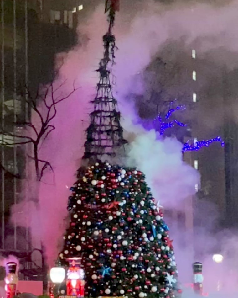 The burnt remains of a Christmas tree outside NewsCorp in midtown Manhattan. 