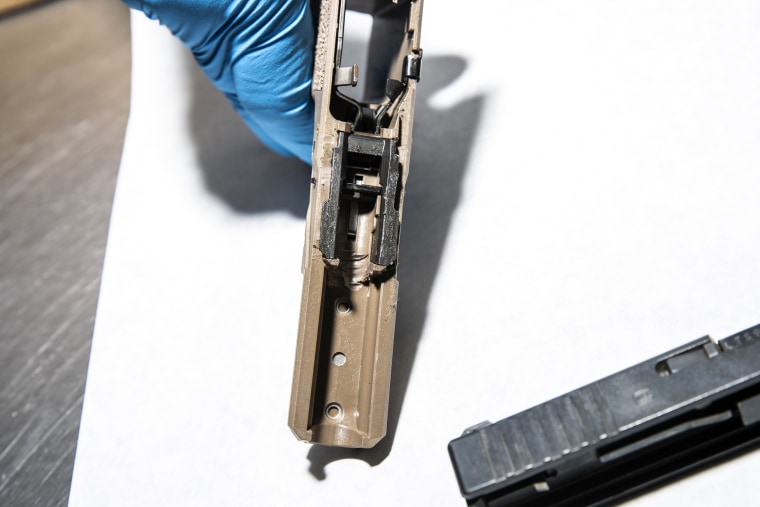 Image: An 80% polymer pistol frame with signs of post purchase modifications in Oakland, Calif., on April 15, 2021.