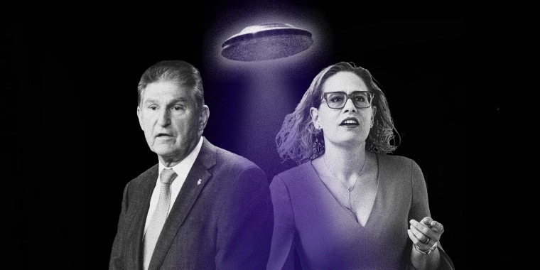 Photo Illustration: Rep. Joe Manchin and Rep. Krysten Sinema getting beamed up by a UFO
