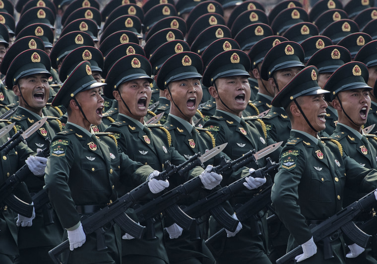 Soldiers march in formation during a parade to celebrate the 70th Anniversary of the founding of the People's Republic of China at Tiananmen Square on Oct. 1, 2019 in Beijing.