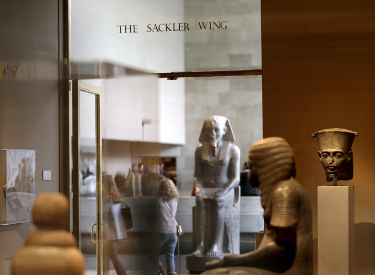 A sign with the Sackler name at the Metropolitan Museum of Art in New York in January 2019. 