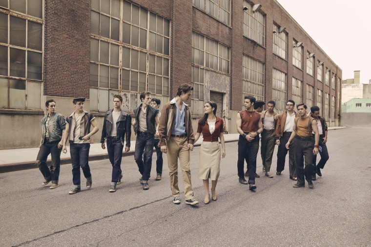 Ansel Elgort as Tony and Rachel Zegler as Maria, center, in "West Side Story."