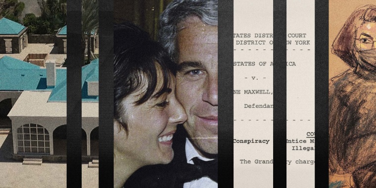 Photo illustration of Jeffrey Epstein's Palm BEach mansion, Ghislaine Maxwell and Epstein smiling, a court document charging Maxwell, and a courtroom sketch of Maxwell.