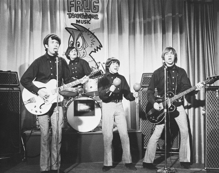 The Monkees perform, including, left to right, Michael Nesmith, Micky Dolenz, Davy Jones, and Peter Tork.