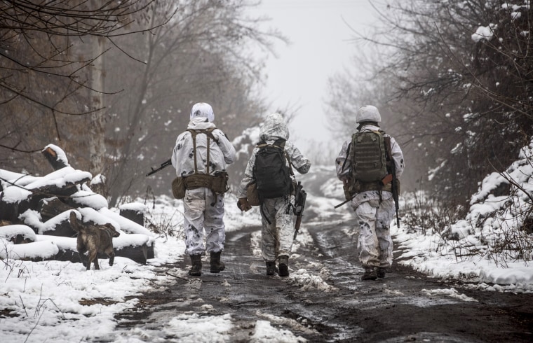 Image: Ukrainian soldiers walks at the line of separation from pro-Russian rebels near Katerinivka, Donetsk region, Ukraine, on Dec 7, 2021.