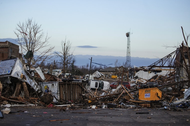 Image: Heavy damage downtown after a tornado swept through the area on Dec. 11, 2021 in Mayfield, Ky.