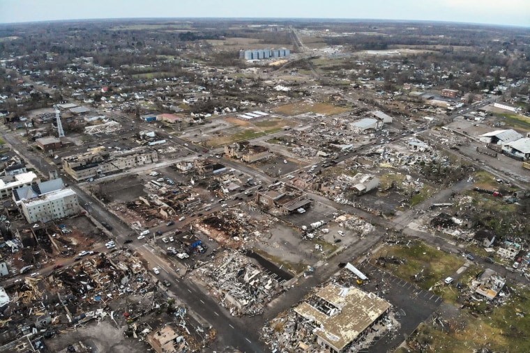 The devastation in Mayfield, Ky., at first light on Dec. 11, 2021, after multiple tornadoes tore through parts of the lower Midwest.
