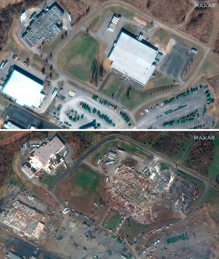 Image: Satellite images show the Mayfield Consumer Products candle factory and other nearby buildings before, on Jan. 28, 2017, and after, Dec. 11, 2021, the tornado struck.